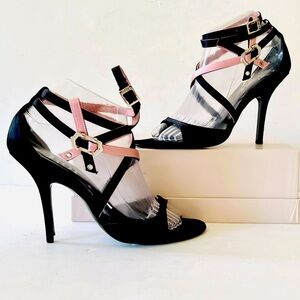 Dior black and pink satin strappy sandals with rhinestone buckle 38
